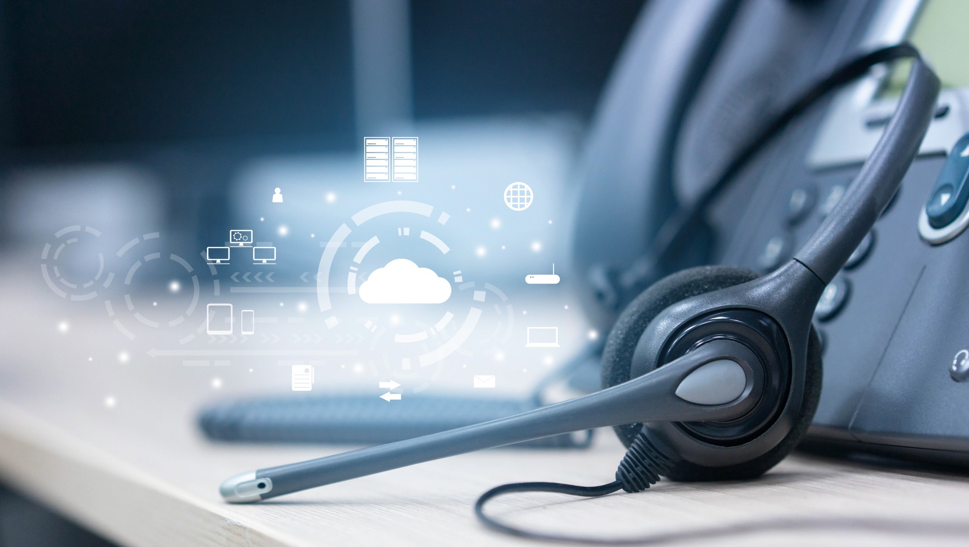 close up on headset telephone with cloud data center to synchronize on SaaS host server to working on system for futuristic technology and business marketing concept