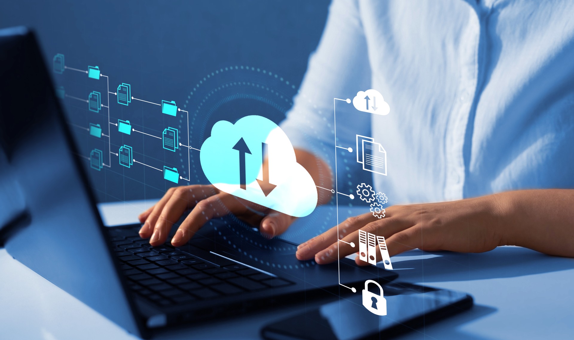 Document Management System (DMS). Automation software to archiving and efficiently manage and information files. Internet  and service for cloud data transfer technology.